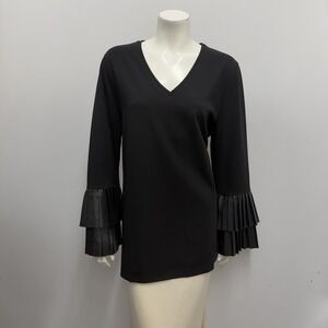 Chico's V Neck Tunic Top Black Pleated Vegan Leather NWT $89.50 Size 3 XL